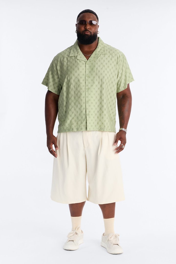 Textured Checkered Cuban Collar Button Up Shirt - Sage