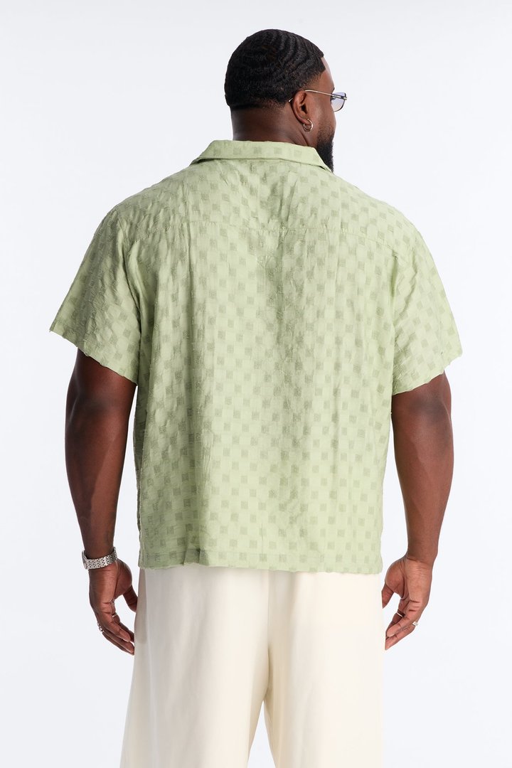 Textured Checkered Cuban Collar Button Up Shirt - Sage