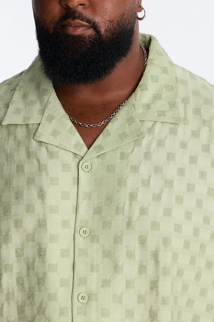 Textured Checkered Cuban Collar Button Up Shirt - Sage