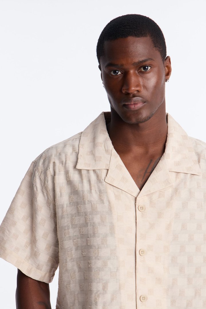 Textured Checkered Cuban Collar Button Up Shirt - Taupe