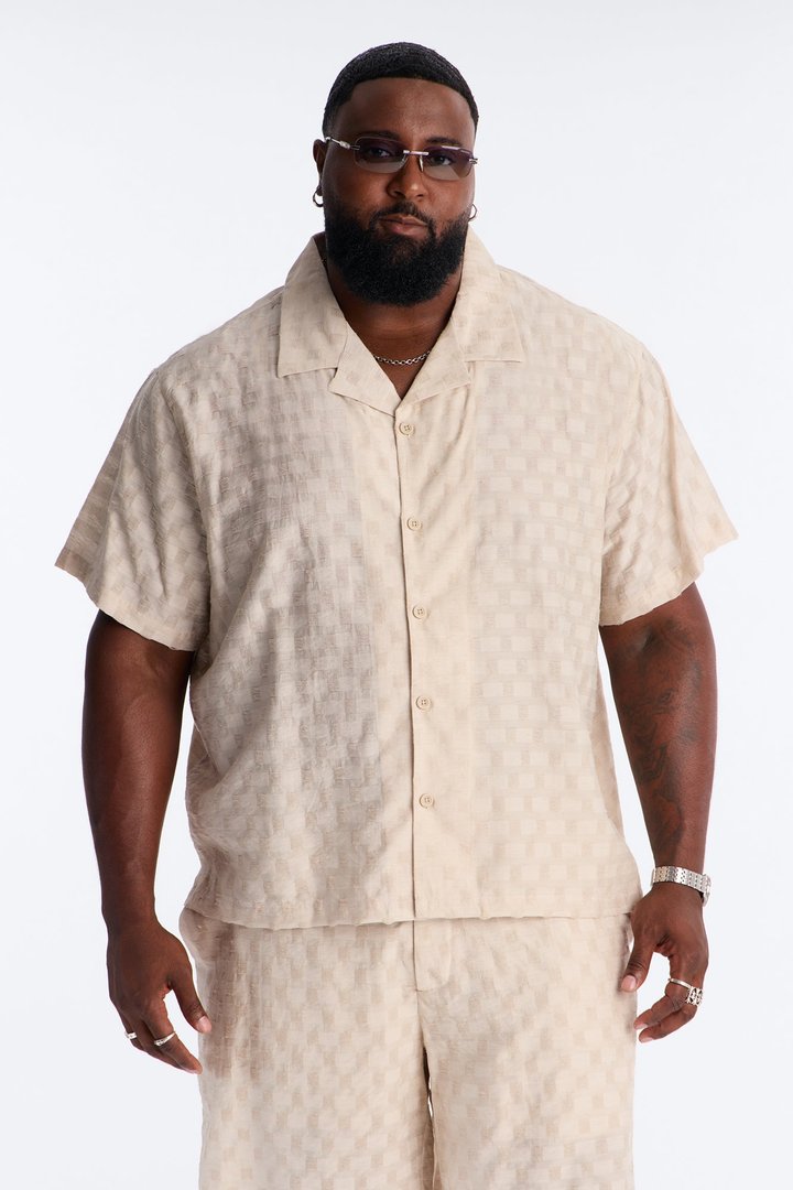 Textured Checkered Cuban Collar Button Up Shirt - Taupe