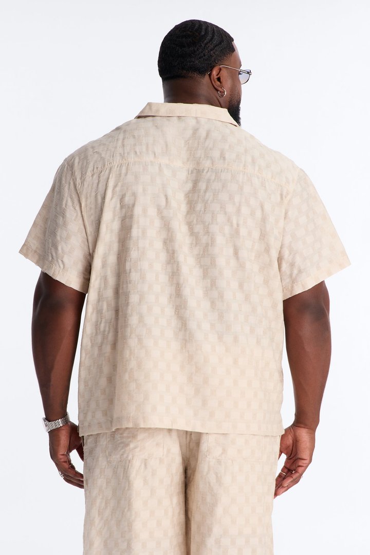 Textured Checkered Cuban Collar Button Up Shirt - Taupe