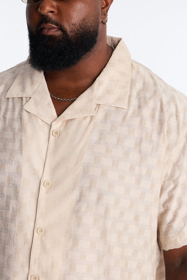 Textured Checkered Cuban Collar Button Up Shirt - Taupe