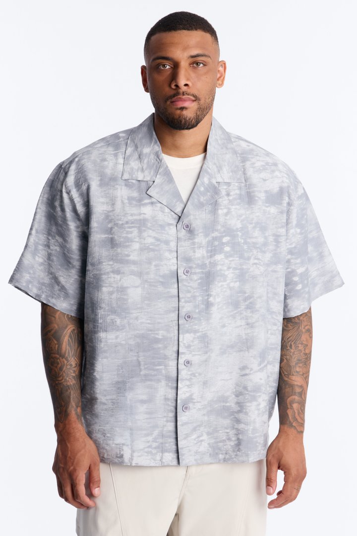 Marble Wash Cuban Collar Button Up Shirt - Grey/combo