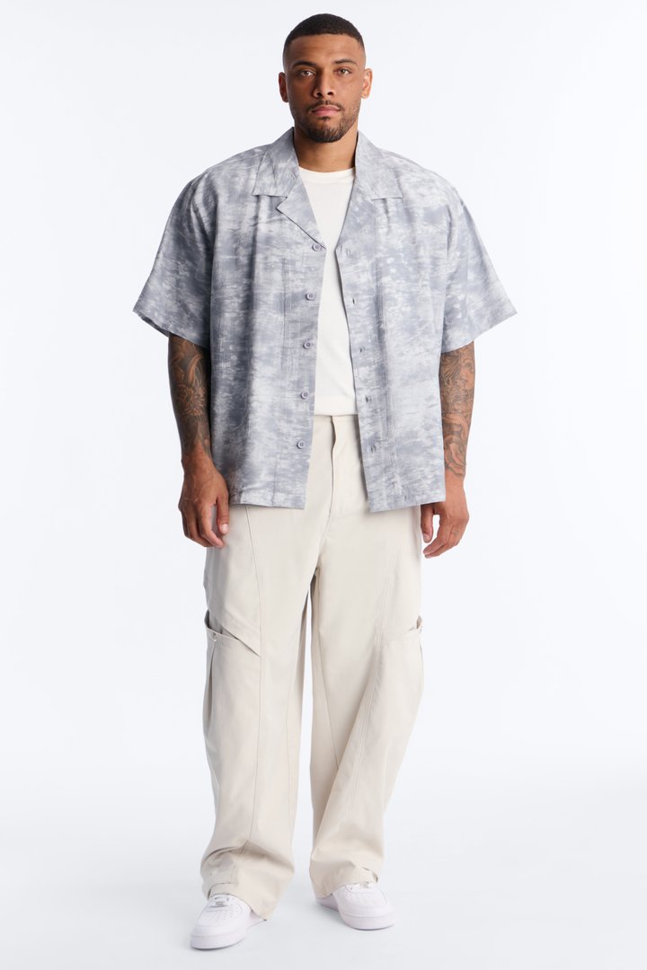 Marble Wash Cuban Collar Button Up Shirt - Grey/combo