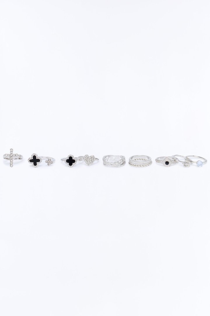 Always Charming 10 Piece Ring Set - Silver/Black