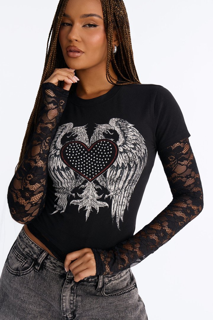 Heart Angel Wing Lace 2Fer With Rhinestones - Black