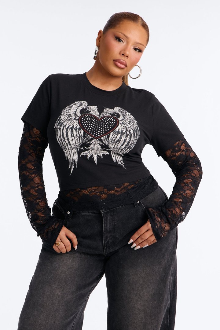 Heart Angel Wing Lace 2Fer With Rhinestones - Black