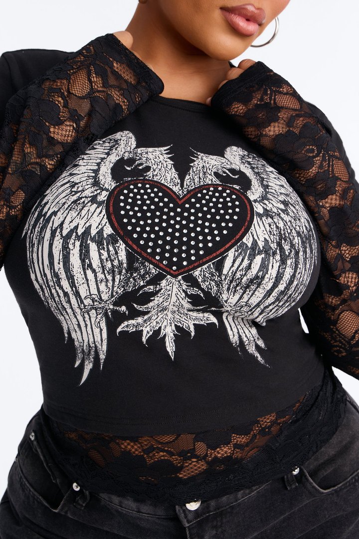 Heart Angel Wing Lace 2Fer With Rhinestones - Black