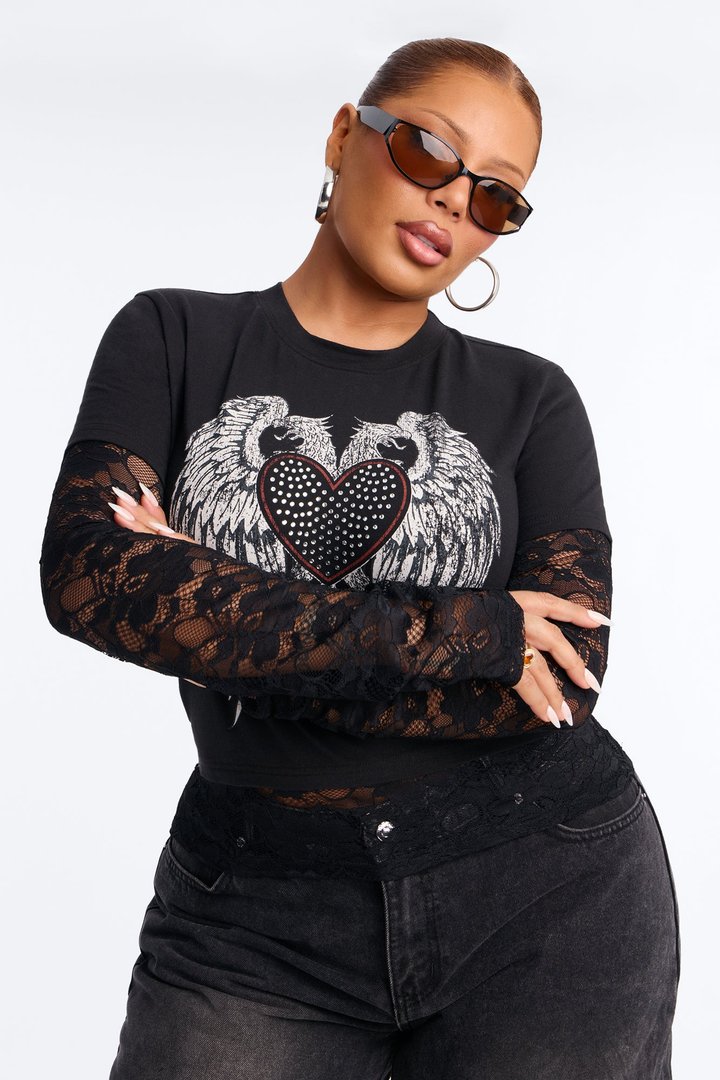 Heart Angel Wing Lace 2Fer With Rhinestones - Black
