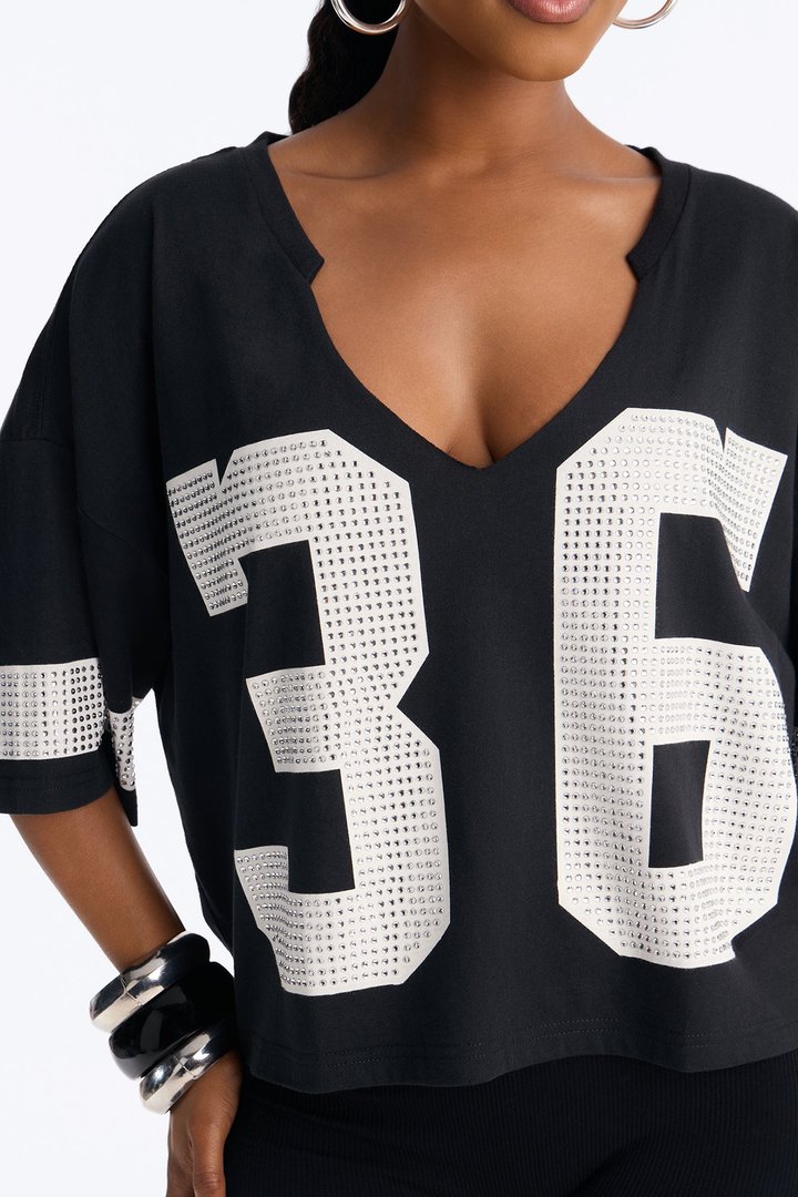 36 Power Player Rhinestone Jersey Tee - Black