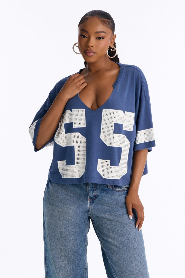 55 All Star Rhinestone Trim Jersey Tee - Navy