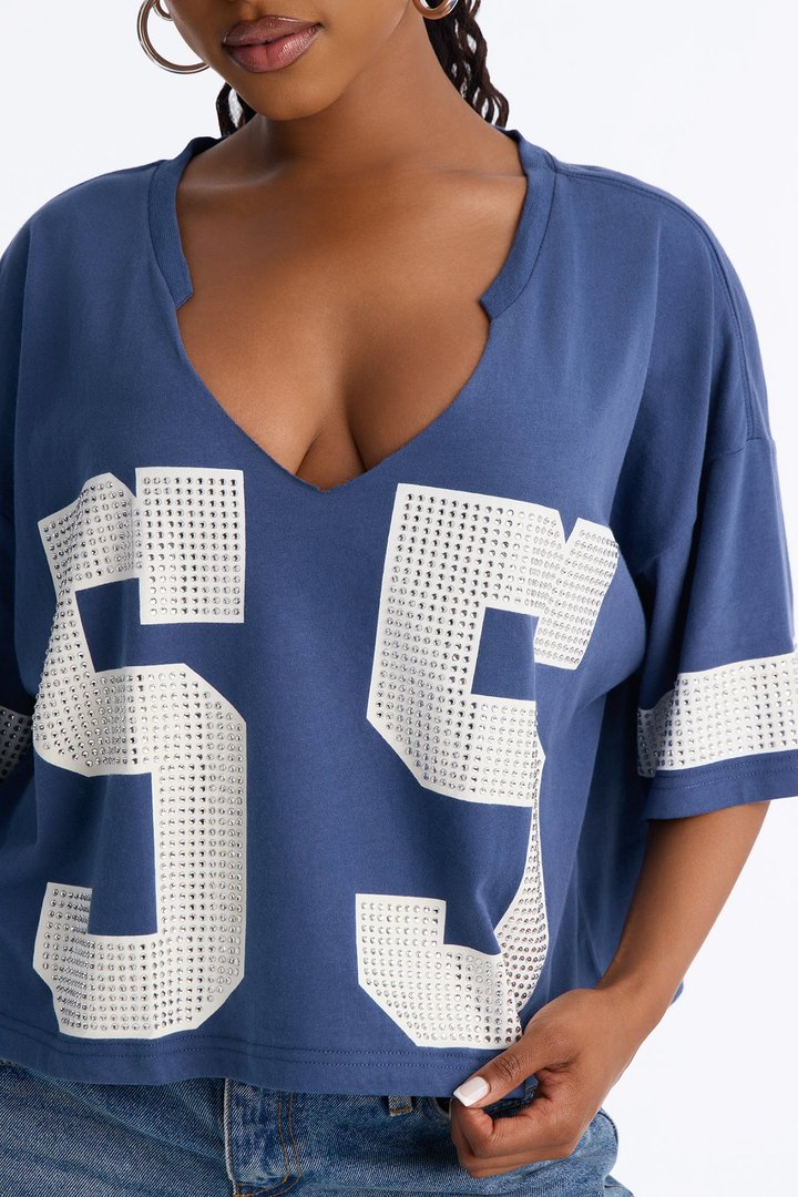 55 All Star Rhinestone Trim Jersey Tee - Navy