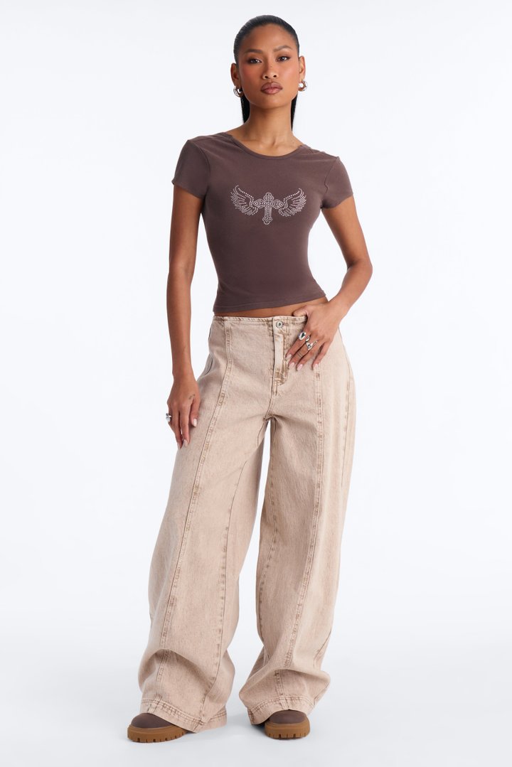 Rhinestone Cross Crop Open Back Baby Tee - Chocolate