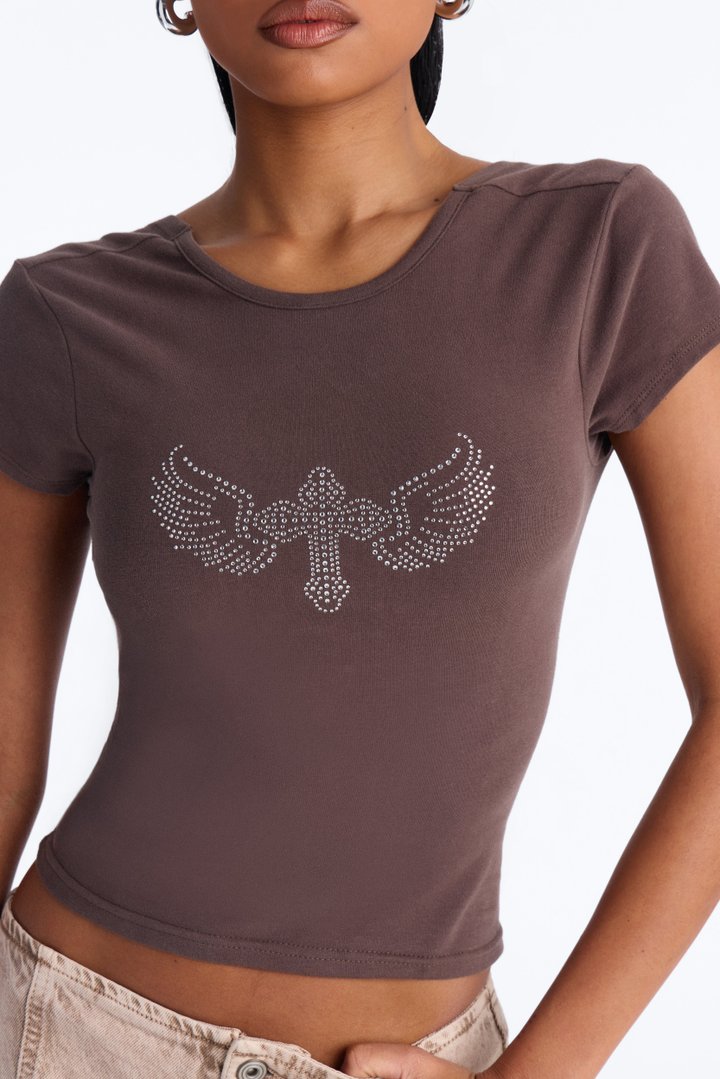 Rhinestone Cross Crop Open Back Baby Tee - Chocolate