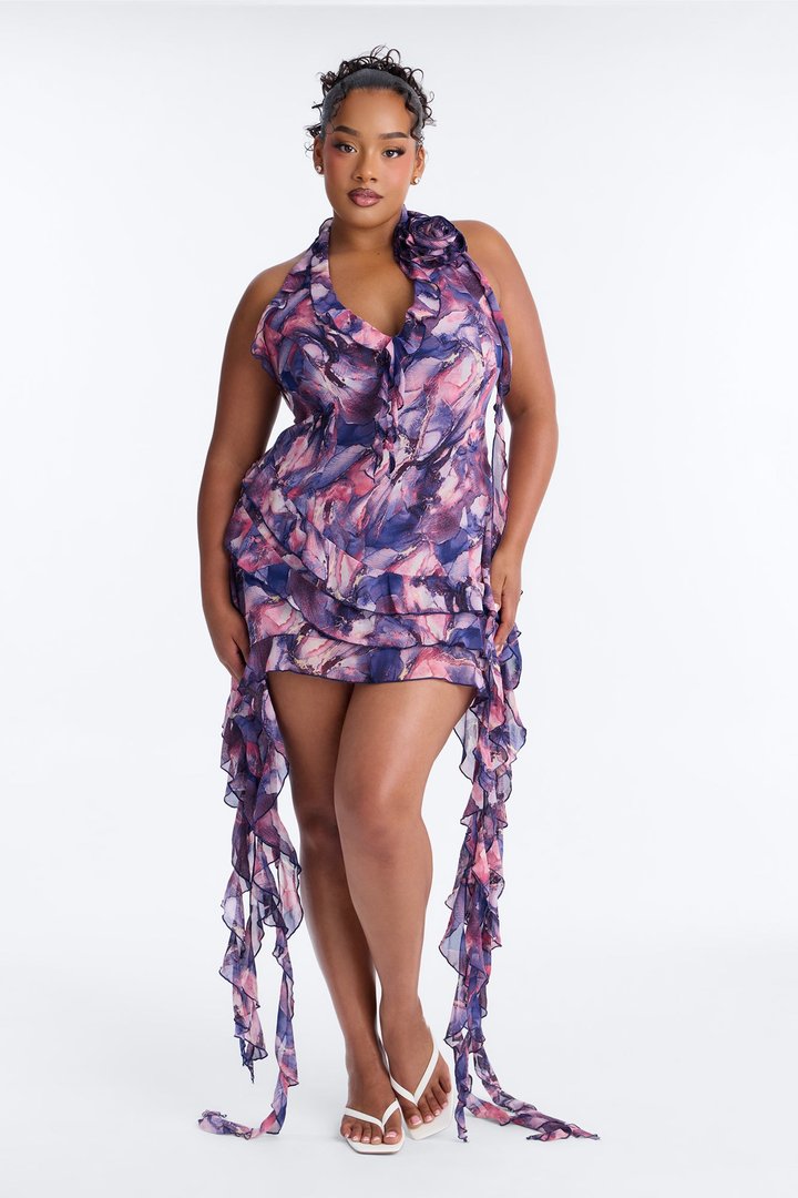 Ruffles and Roses Print Mini Dress - Purple/combo