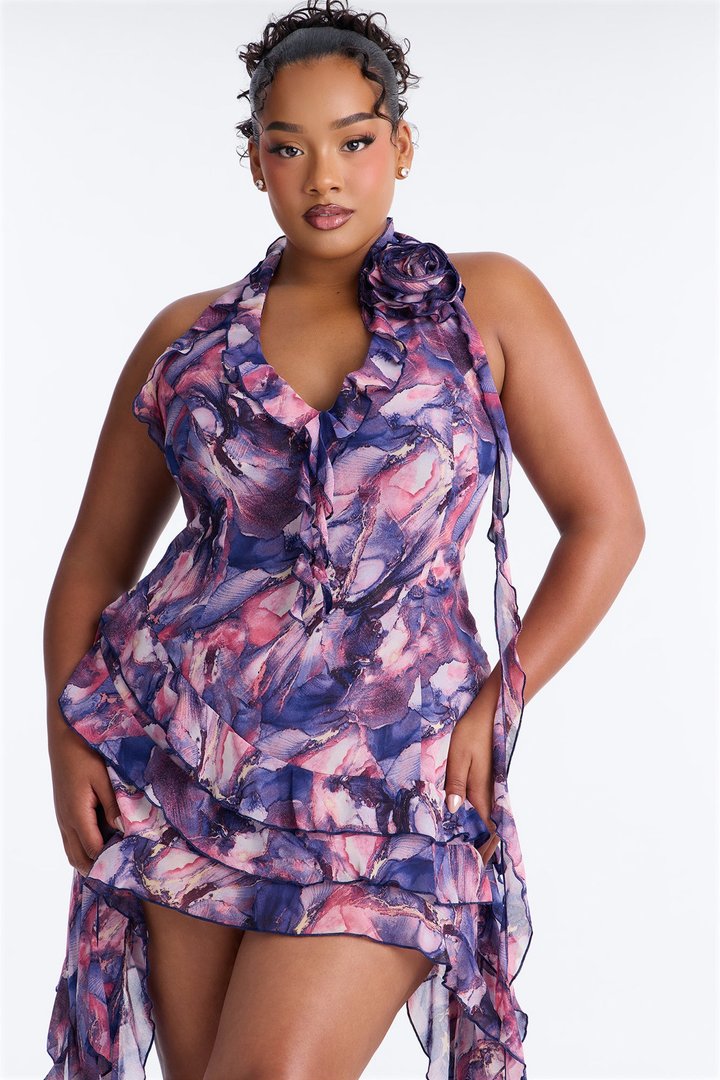 Ruffles and Roses Print Mini Dress - Purple/combo