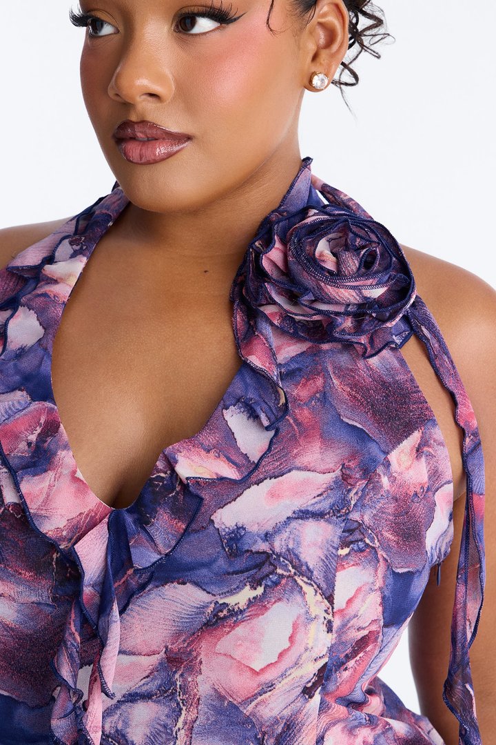 Ruffles and Roses Print Mini Dress - Purple/combo