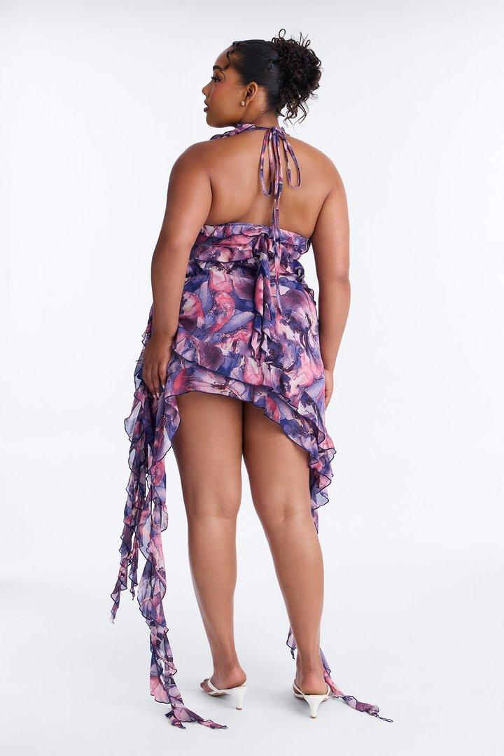 Ruffles and Roses Print Mini Dress - Purple/combo