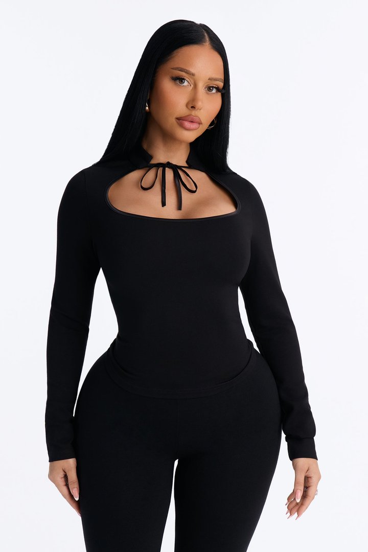 Kari Cut Out Mock Neck Long Sleeve Top - Black