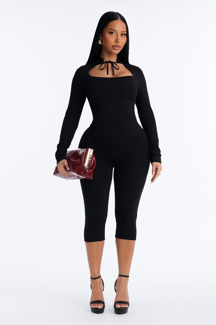 Kari Cut Out Mock Neck Long Sleeve Top - Black