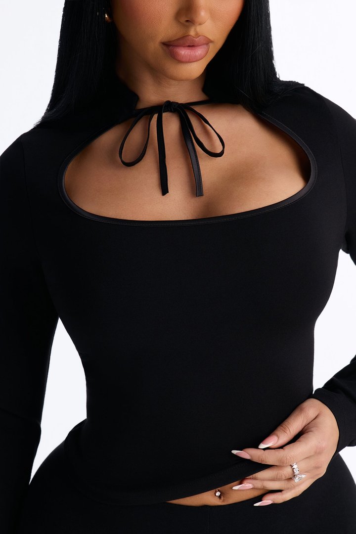 Kari Cut Out Mock Neck Long Sleeve Top - Black