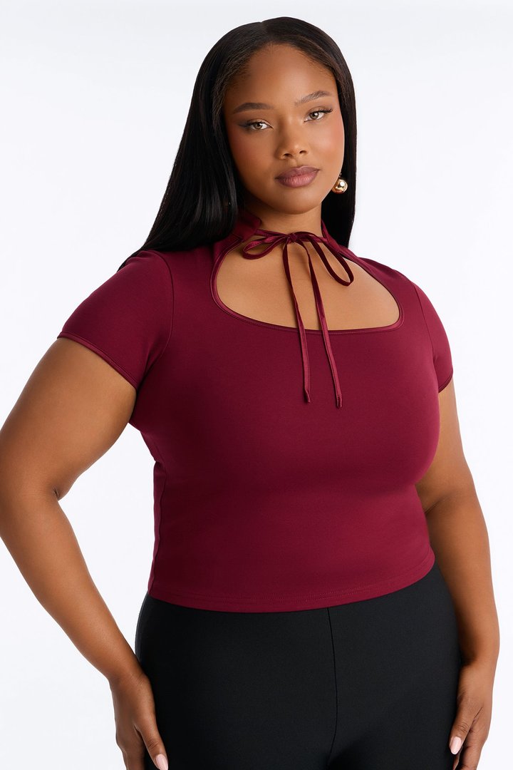 Kari Cut Out Mock Neck Top - Burgundy