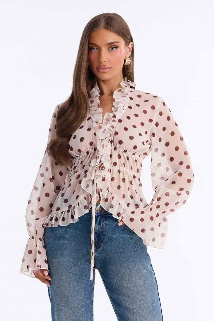 About Me Flyaway Polka Dot Chiffon Ruffle Top - Cream/combo
