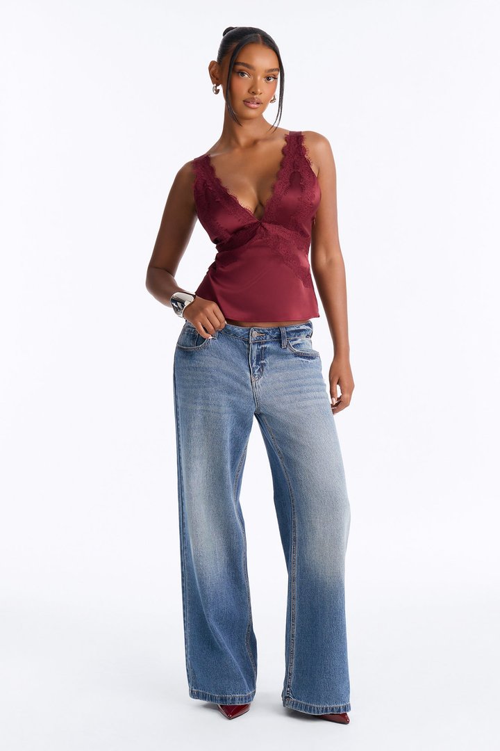 Show Me Better Lace Trim Satin Top - Burgundy