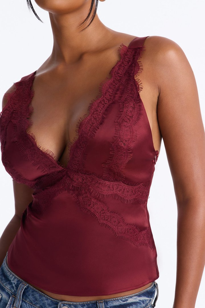 Show Me Better Lace Trim Satin Top - Burgundy