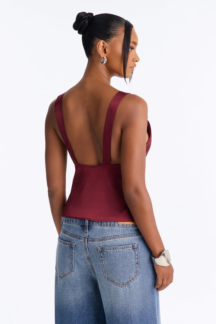 Show Me Better Lace Trim Satin Top - Burgundy