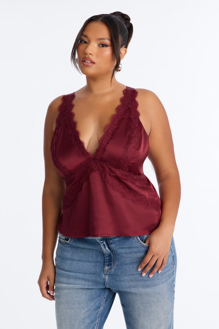 Show Me Better Lace Trim Satin Top - Burgundy