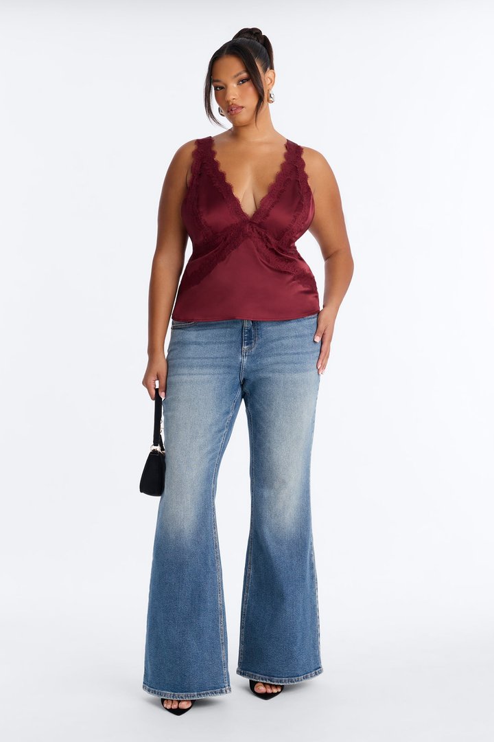 Show Me Better Lace Trim Satin Top - Burgundy