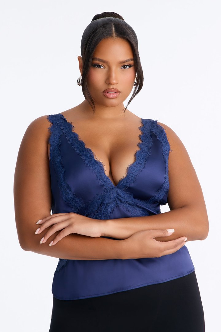 Show Me Better Lace Trim Satin Top - Navy