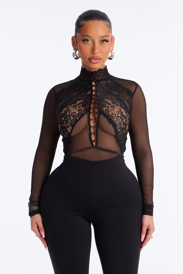 Mirabel Lace Button Up Mock Neck Long Sleeve Bodysuit - Black