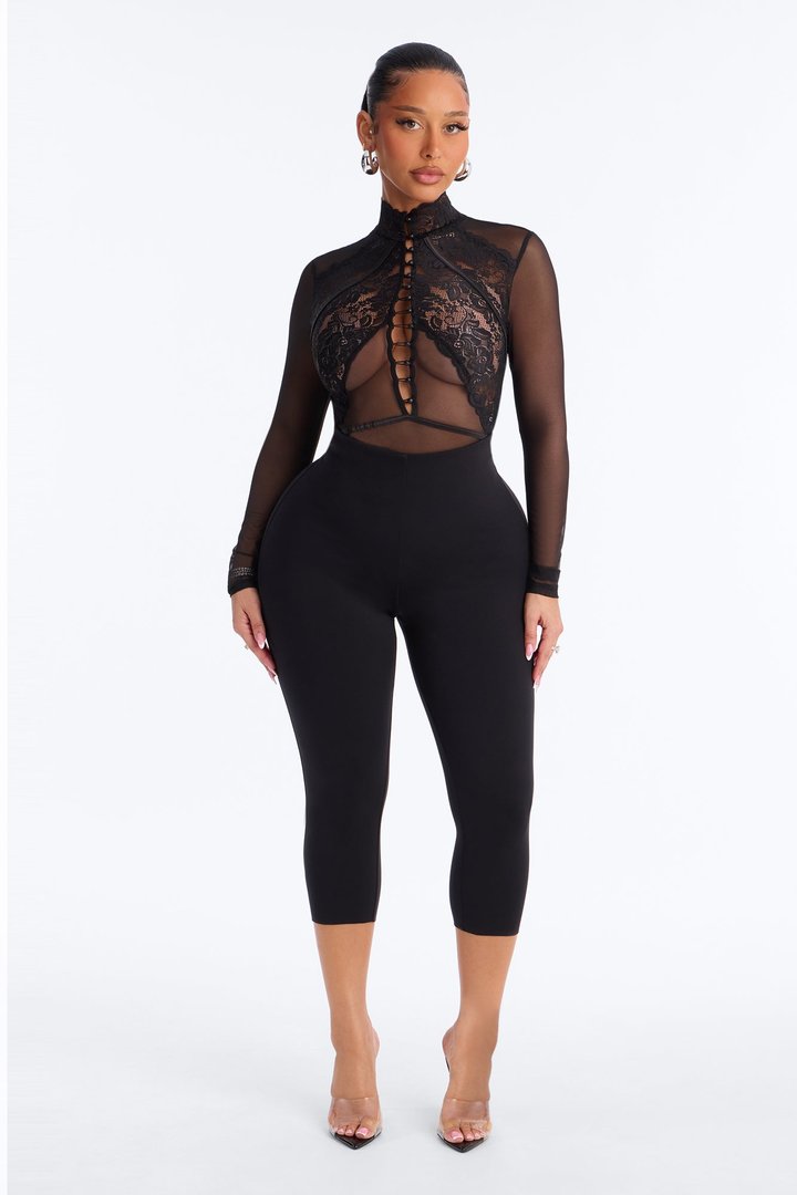 Mirabel Lace Button Up Mock Neck Long Sleeve Bodysuit - Black