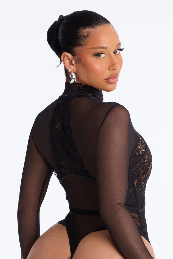 Mirabel Lace Button Up Mock Neck Long Sleeve Bodysuit - Black