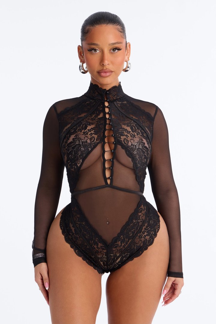 Mirabel Lace Button Up Mock Neck Long Sleeve Bodysuit - Black