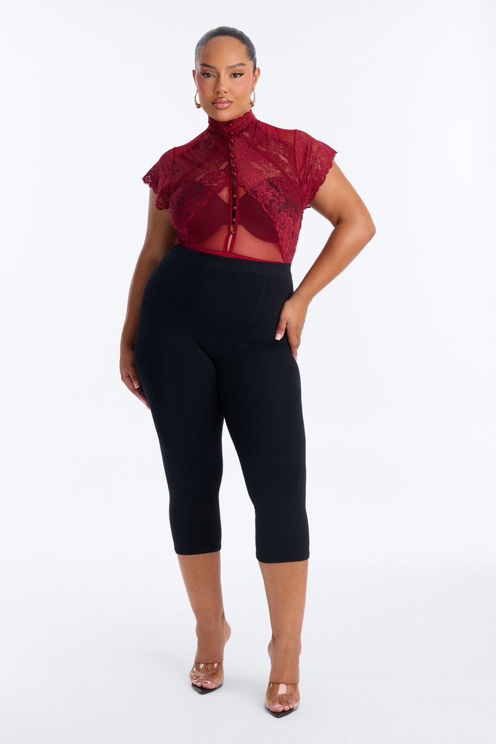 Mirabel Lace Button Up Mock Neck Short Sleeve Bodysuit - Burgundy