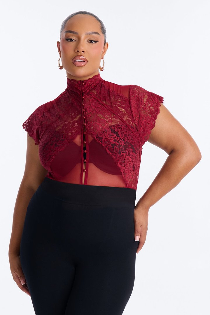 Mirabel Lace Button Up Mock Neck Short Sleeve Bodysuit - Burgundy