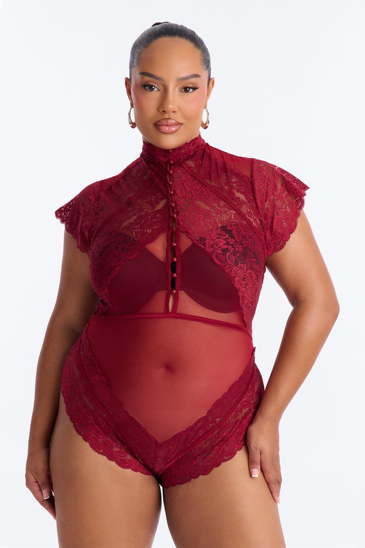 Mirabel Lace Button Up Mock Neck Short Sleeve Bodysuit - Burgundy
