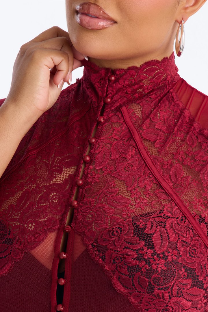 Mirabel Lace Button Up Mock Neck Short Sleeve Bodysuit - Burgundy