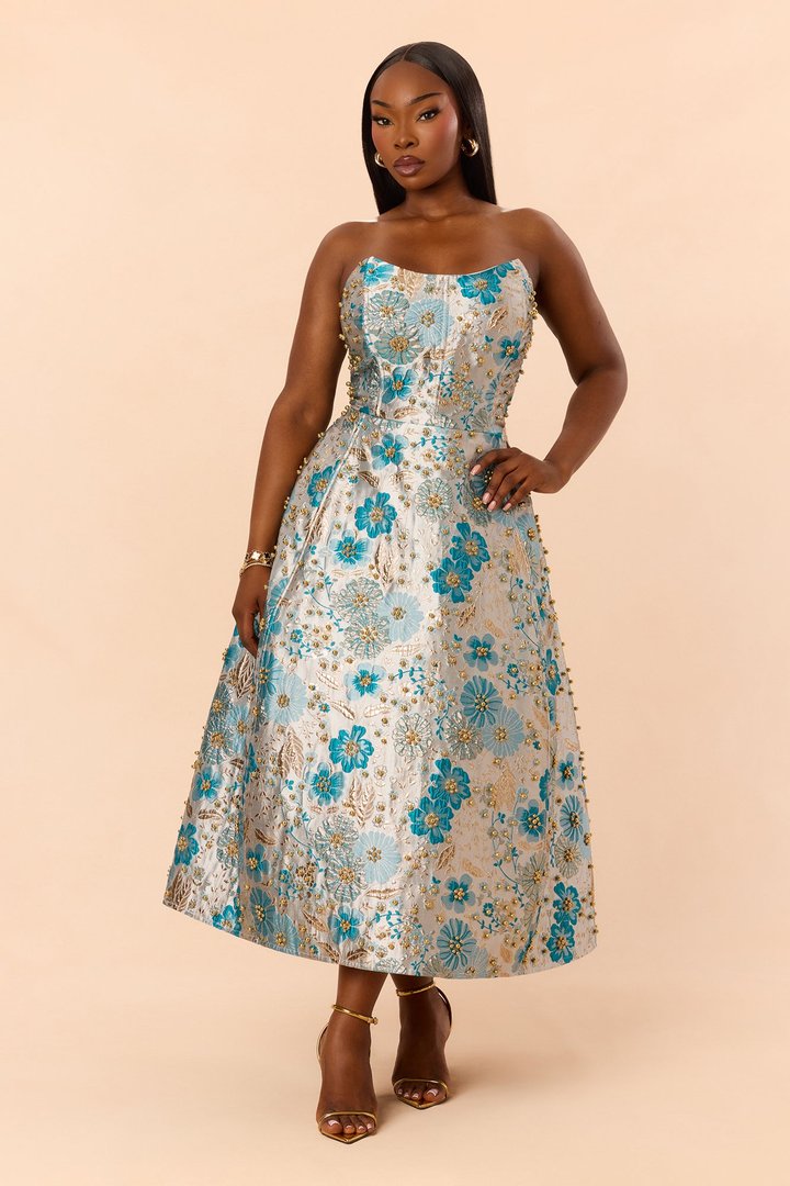 Honey Kiss Jacquard Midi Dress - Teal/combo