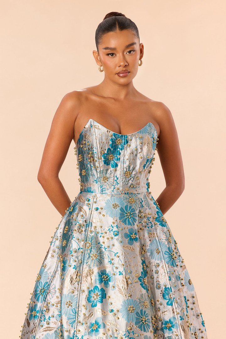 Honey Kiss Jacquard Midi Dress - Teal/combo