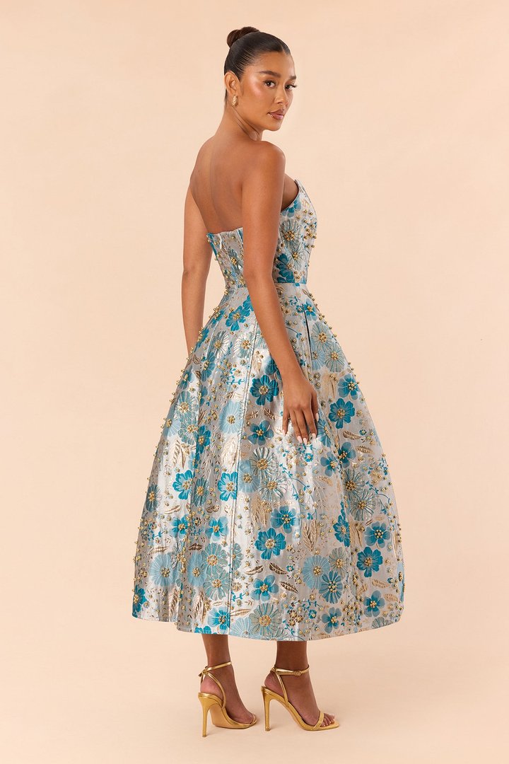 Honey Kiss Jacquard Midi Dress - Teal/combo
