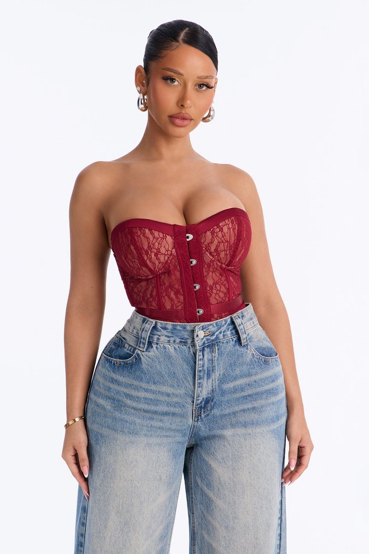 Jackie Lace Strapless Corset Bodysuit - Wine