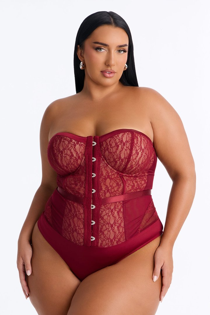 Jackie Lace Strapless Corset Bodysuit - Wine