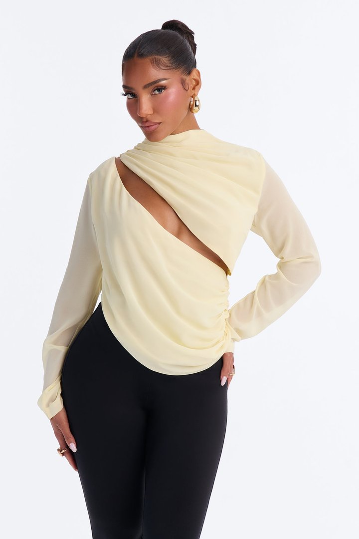 Paris Edition Ruched Cut Out Chiffon Top - Butter Yellow