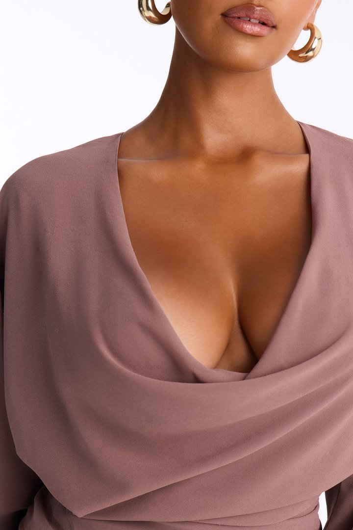 Dani Solid Chiffon Cowl Neck Long Sleeve Top - Mocha