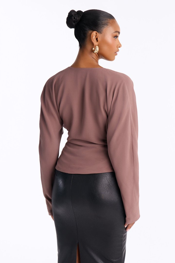Dani Solid Chiffon Cowl Neck Long Sleeve Top - Mocha
